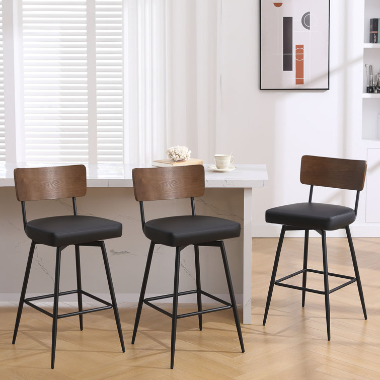 Black Swivel Bar Stools with Wood Back and Metal Legs