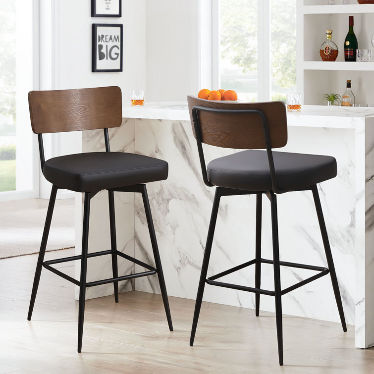 Black Swivel Bar Stools with Wood Back and Metal Legs