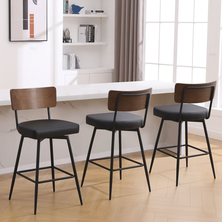 Black Swivel Bar Stools with Wood Back and Metal Legs