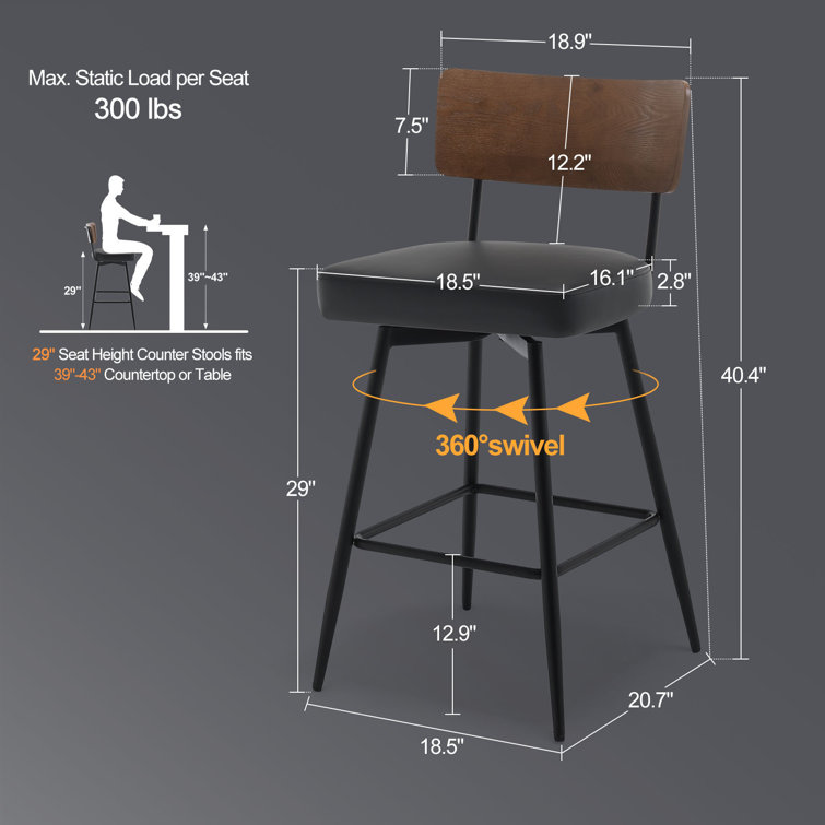 Black Swivel Bar Stools with Wood Back and Metal Legs