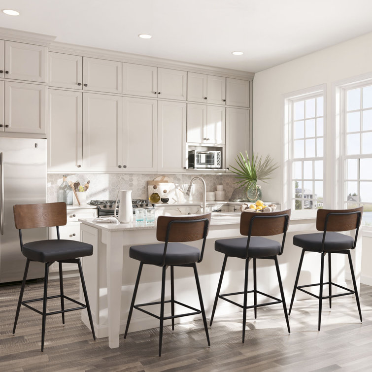 Black Swivel Bar Stools with Wood Back and Metal Legs