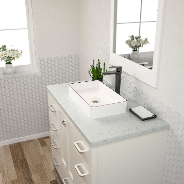 24" White Ceramic Rectangular Vessel Sink with Black Rim