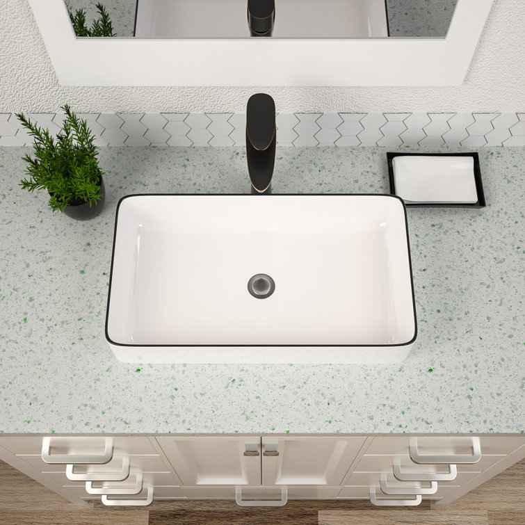 24" White Ceramic Rectangular Vessel Sink with Black Rim