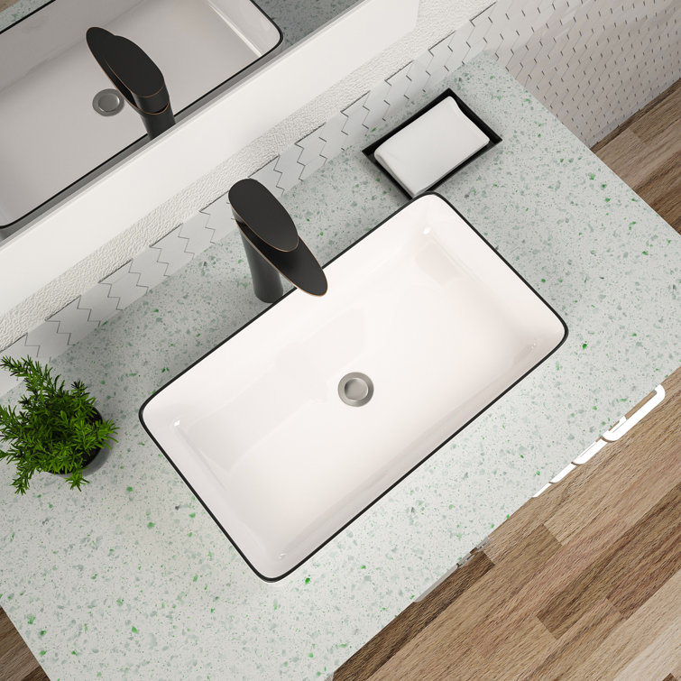 24" White Ceramic Rectangular Vessel Sink with Black Rim