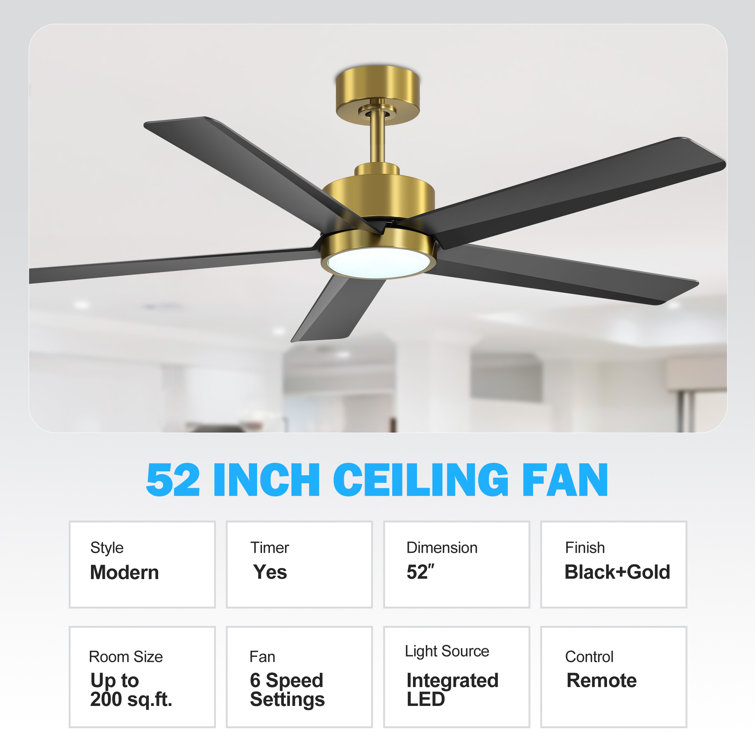 Ulker 52'' Black and Gold Ceiling Fan with LED Light and Remote