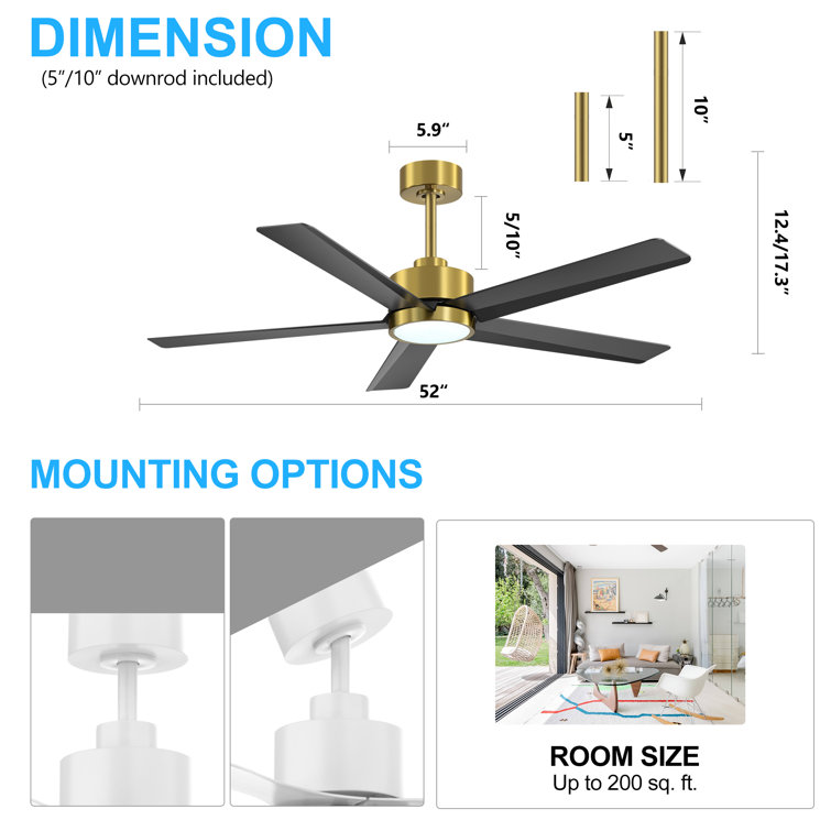 Ulker 52'' Black and Gold Ceiling Fan with LED Light and Remote