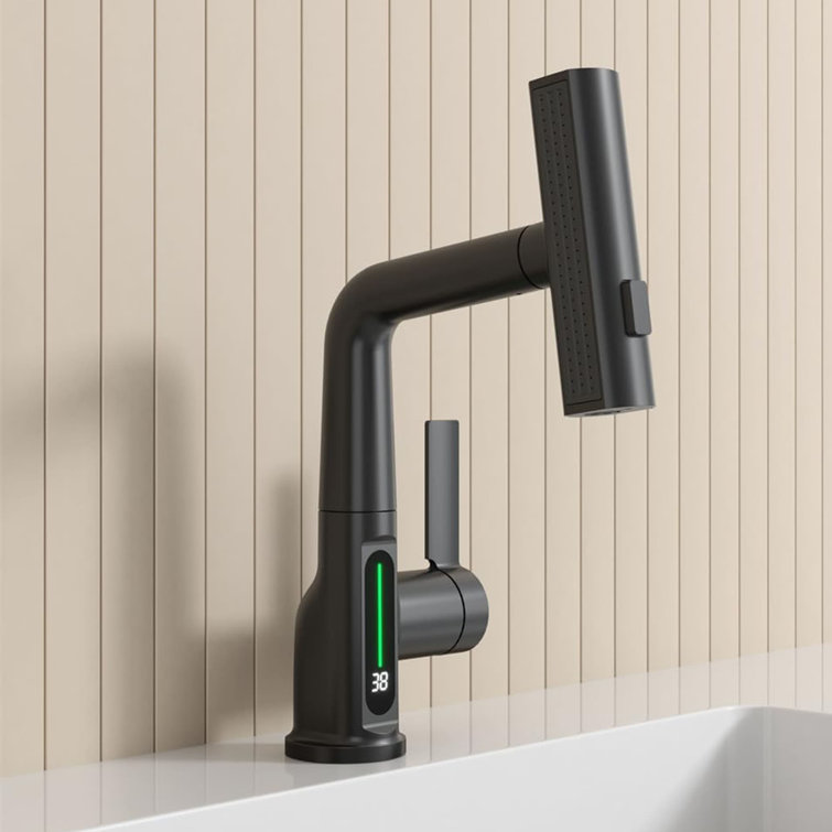 Matte Black LED Temperature Display Pull-Out Bathroom Faucet