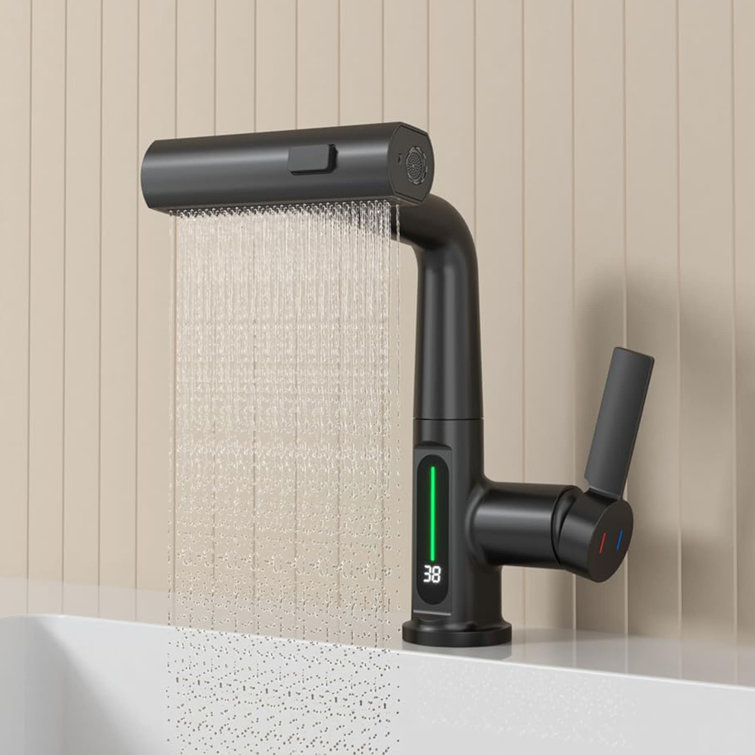 Matte Black LED Temperature Display Pull-Out Bathroom Faucet
