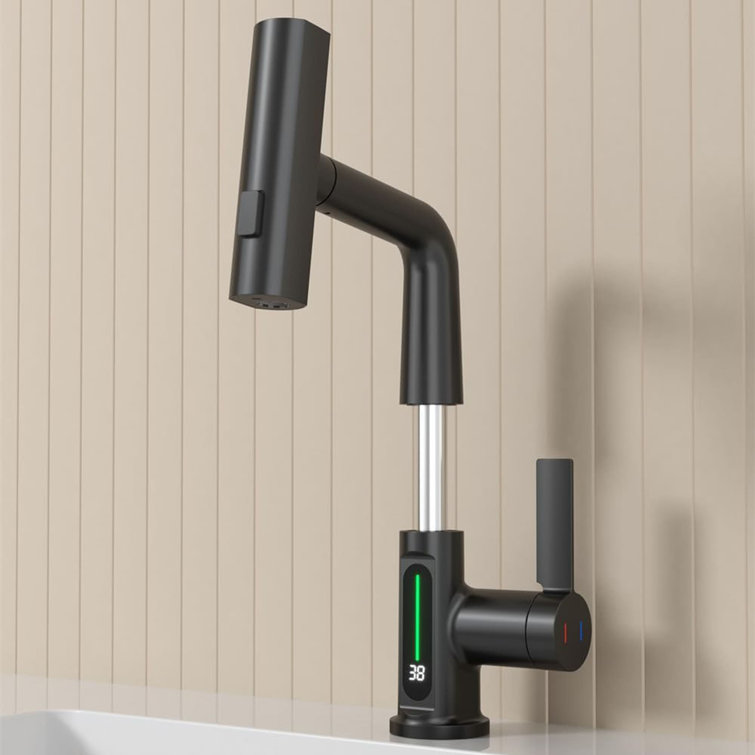 Matte Black LED Temperature Display Pull-Out Bathroom Faucet