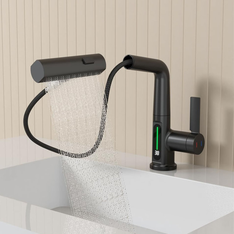 Matte Black LED Temperature Display Pull-Out Bathroom Faucet
