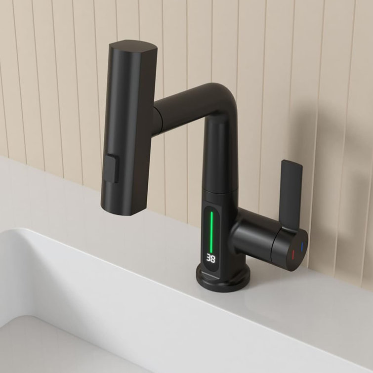 Matte Black LED Temperature Display Pull-Out Bathroom Faucet