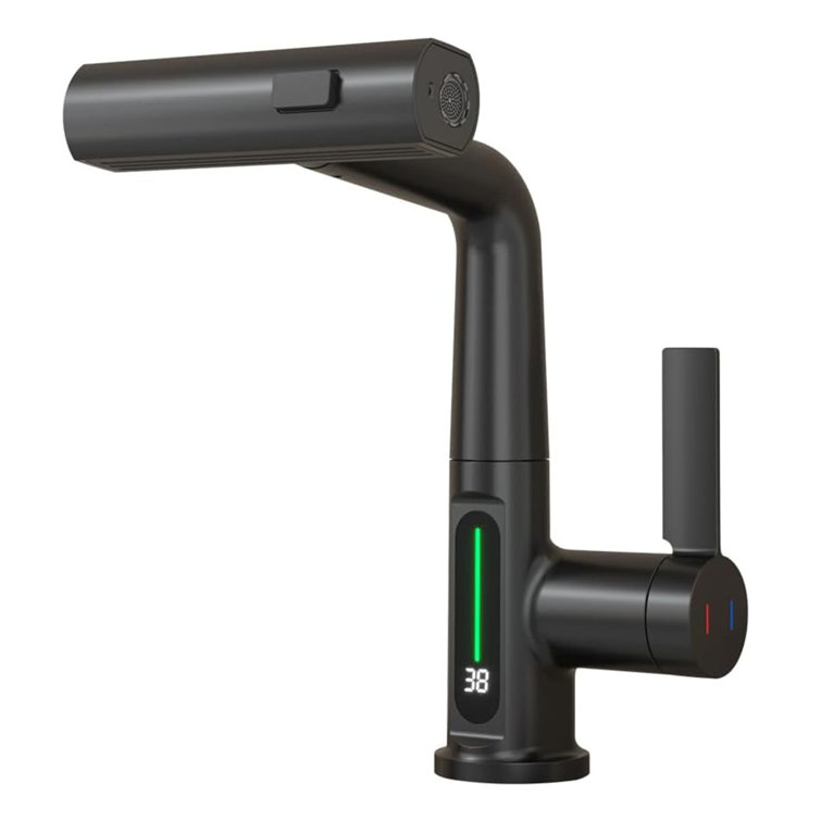 Matte Black LED Temperature Display Pull-Out Bathroom Faucet