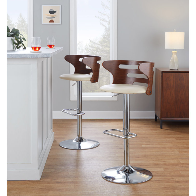 Cosi Adjustable Cream Faux Leather Walnut Barstools with Chrome Base