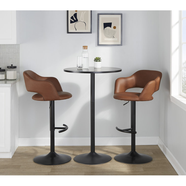 Adjustable Brown Faux Leather Swivel Barstools with Black Metal Base