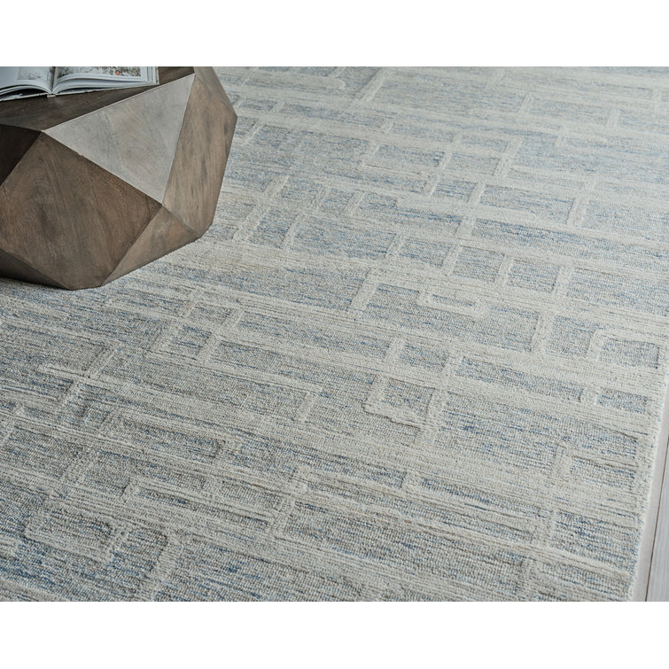 Ivory and Blue Handmade Wool Tufted Rectangular Area Rug