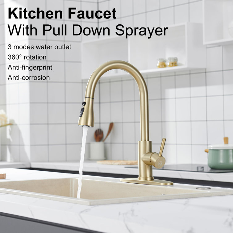 Brushed Gold Stainless Steel High Arc Kitchen Faucet with Pull-out Spray