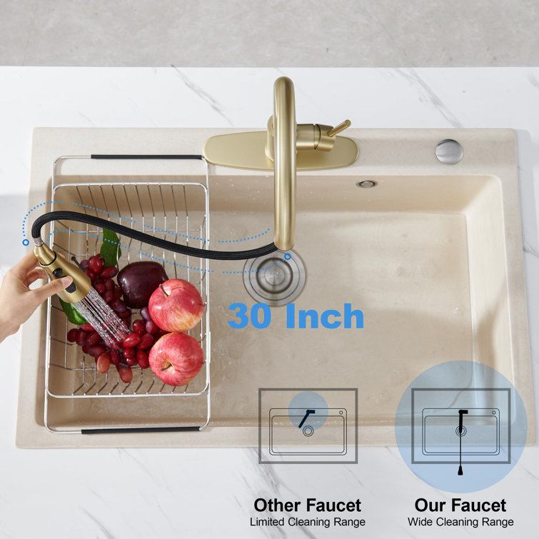 Brushed Gold Stainless Steel High Arc Kitchen Faucet with Pull-out Spray