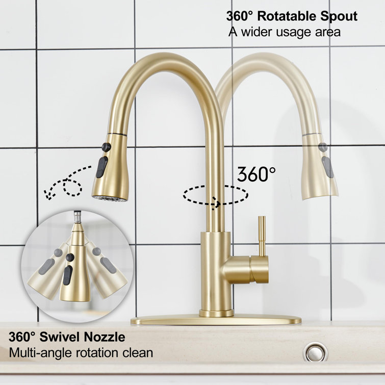 Brushed Gold Stainless Steel High Arc Kitchen Faucet with Pull-out Spray