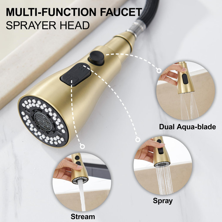 Brushed Gold Stainless Steel High Arc Kitchen Faucet with Pull-out Spray
