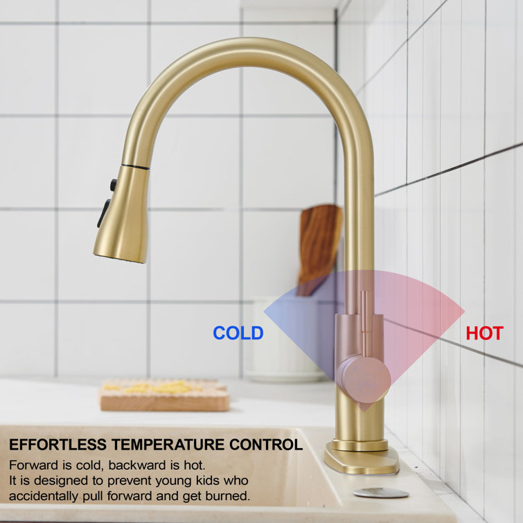 Brushed Gold Stainless Steel High Arc Kitchen Faucet with Pull-out Spray