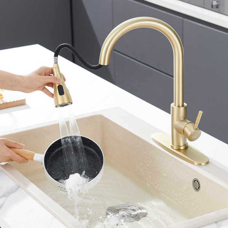 Brushed Gold Stainless Steel High Arc Kitchen Faucet with Pull-out Spray