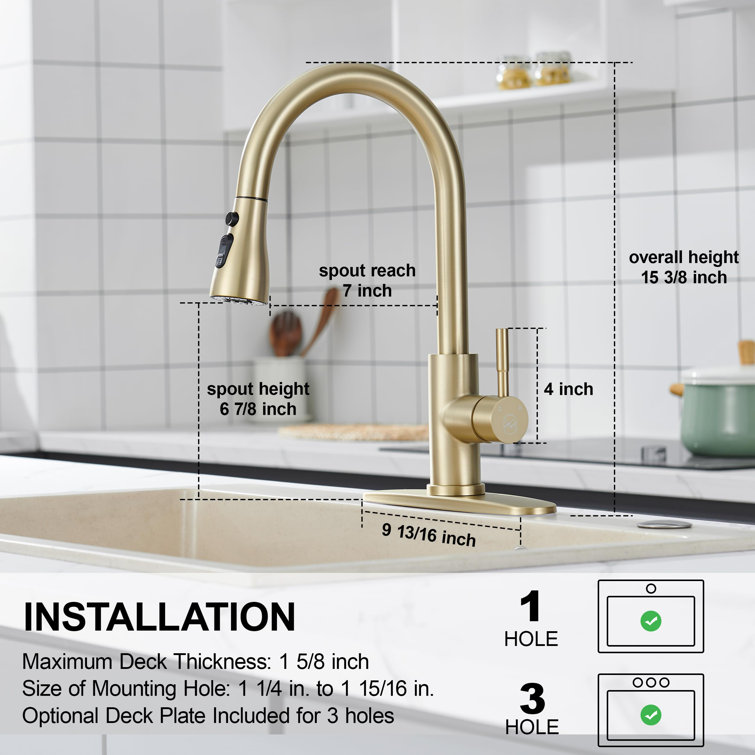 Brushed Gold Stainless Steel High Arc Kitchen Faucet with Pull-out Spray