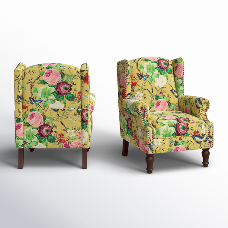 Mustard Floral Polyester Wingback Chairs with Nailhead Trim, Set of 2