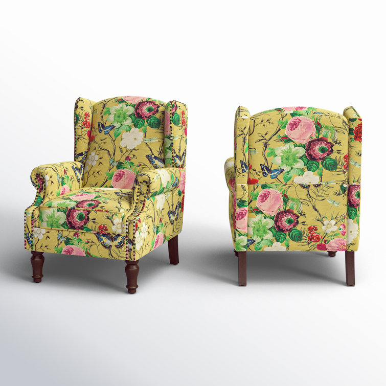 Mustard Floral Polyester Wingback Chairs with Nailhead Trim, Set of 2