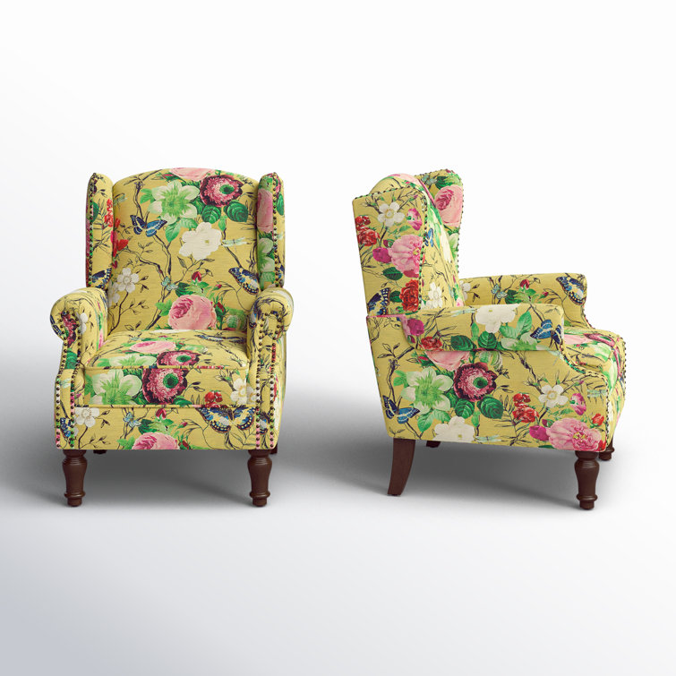 Mustard Floral Polyester Wingback Chairs with Nailhead Trim, Set of 2