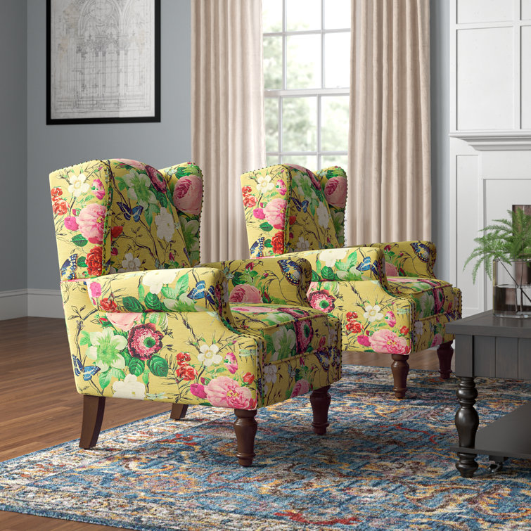 Mustard Floral Polyester Wingback Chairs with Nailhead Trim, Set of 2