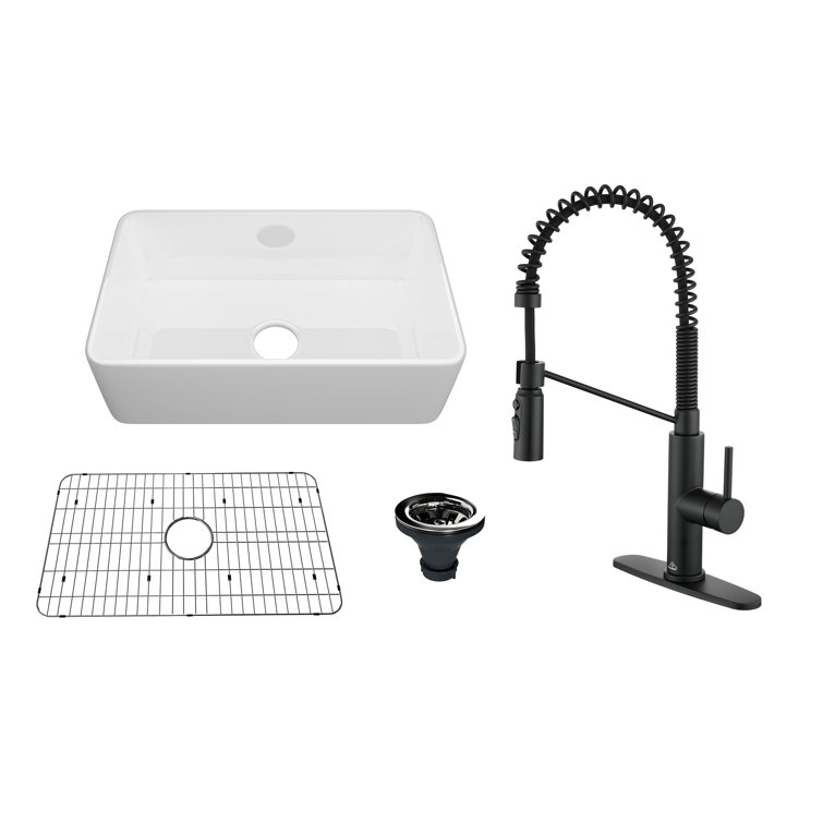 White Fireclay Farmhouse Kitchen Sink with Matte Black Faucet