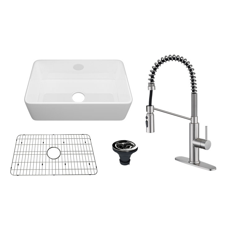 White Fireclay Single Bowl Farmhouse Kitchen Sink with Brushed Nickel Faucet
