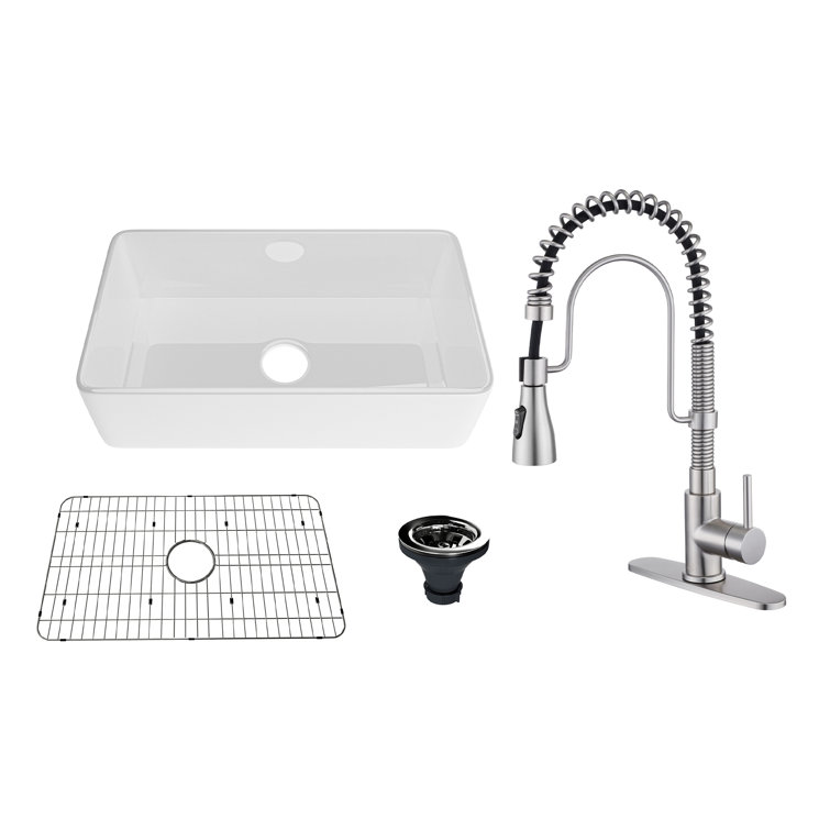 White Fireclay Single Bowl Farmhouse Sink with Brushed Nickel Faucet