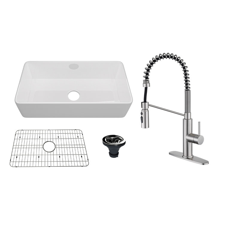 36" White Fireclay Farmhouse Kitchen Sink with Brushed Nickel Faucet