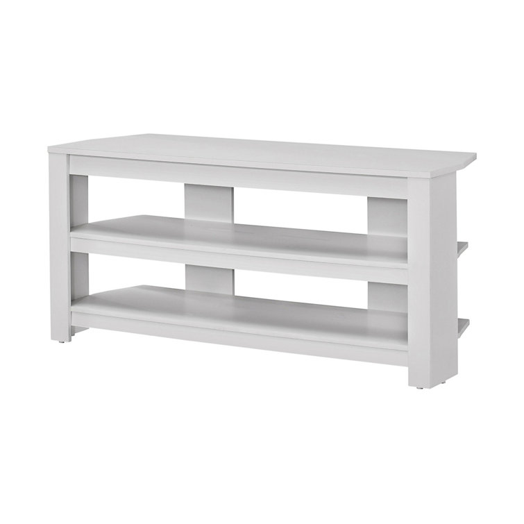 Modern White Corner TV Stand with Open Shelves and Cabinet