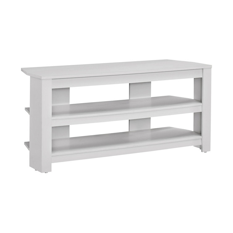 Modern White Corner TV Stand with Open Shelves and Cabinet
