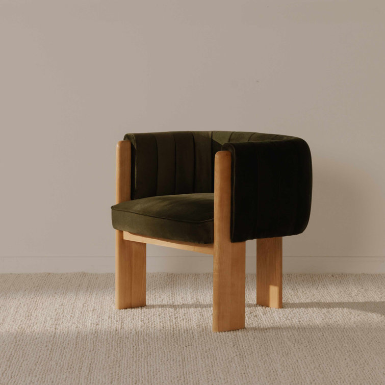 Green Velvet and Natural Wood Barrel Chair