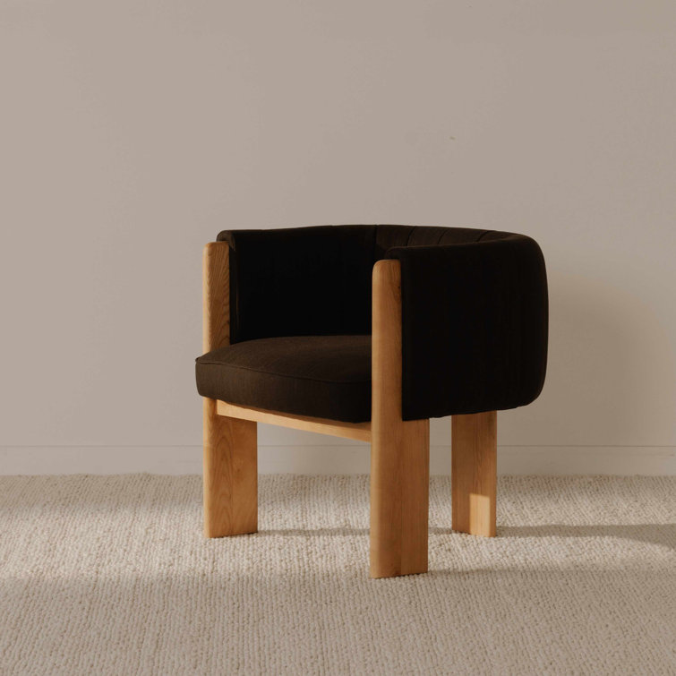 Brown Polyester and Natural Wood Barrel Chair