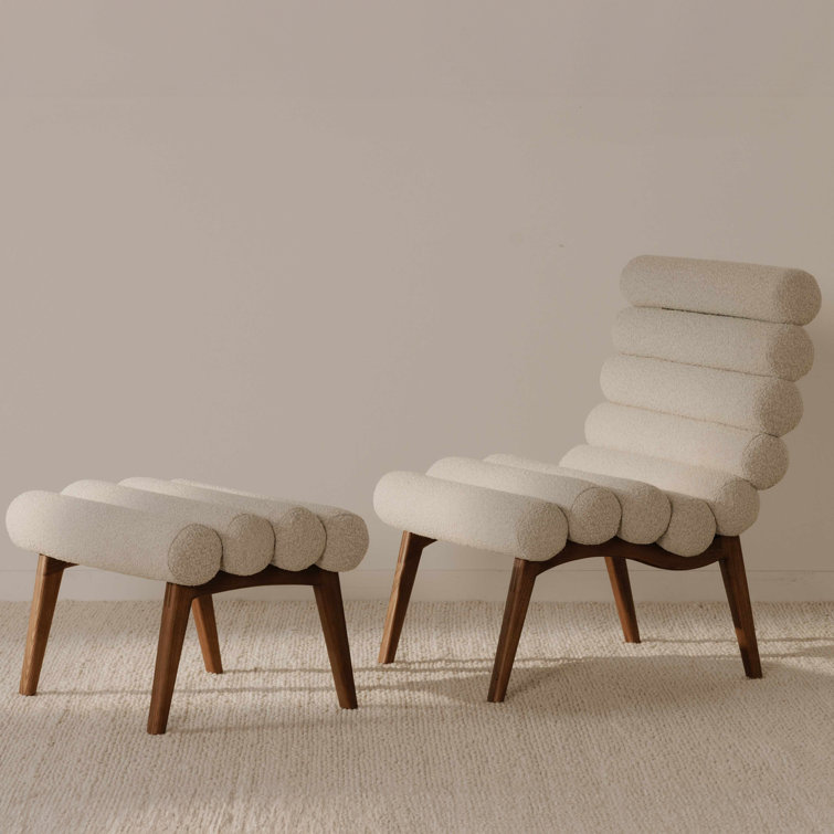 Off-White Boucle Lounge Chair with Solid Wood Legs