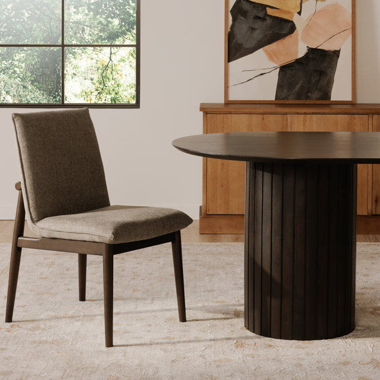 Gray Upholstered Dining Chairs with Dark Brown Wood Legs, Set of 2