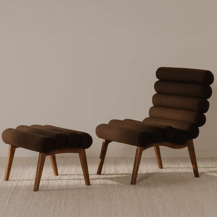 Brown Boucle Upholstered Lounge Chair with Solid Wood Legs