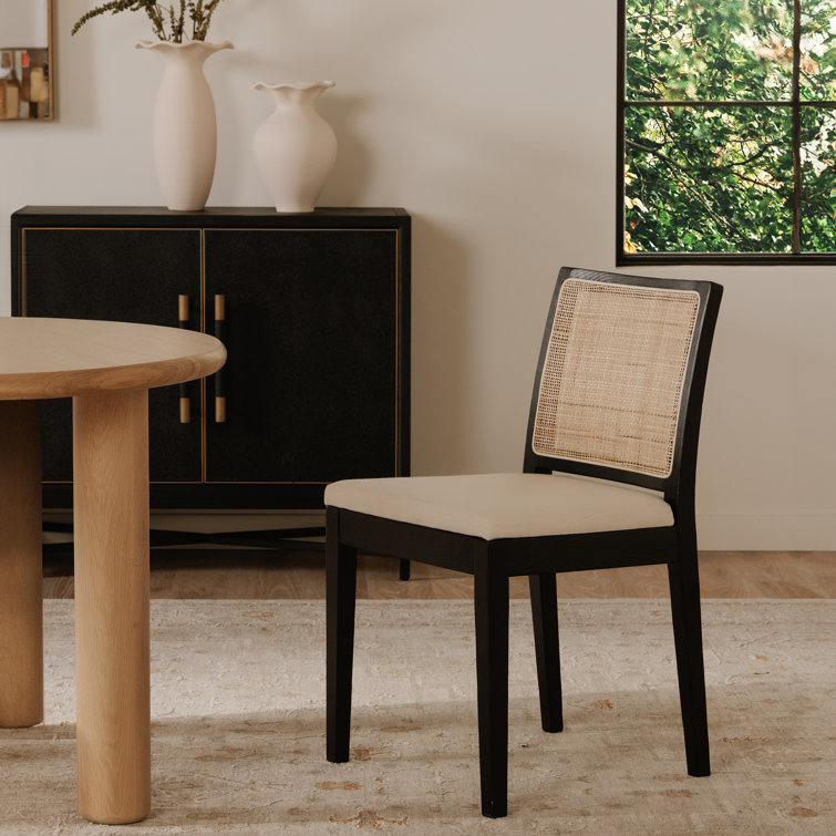 Black and Natural Elm Wood and Cane Side Chair Set