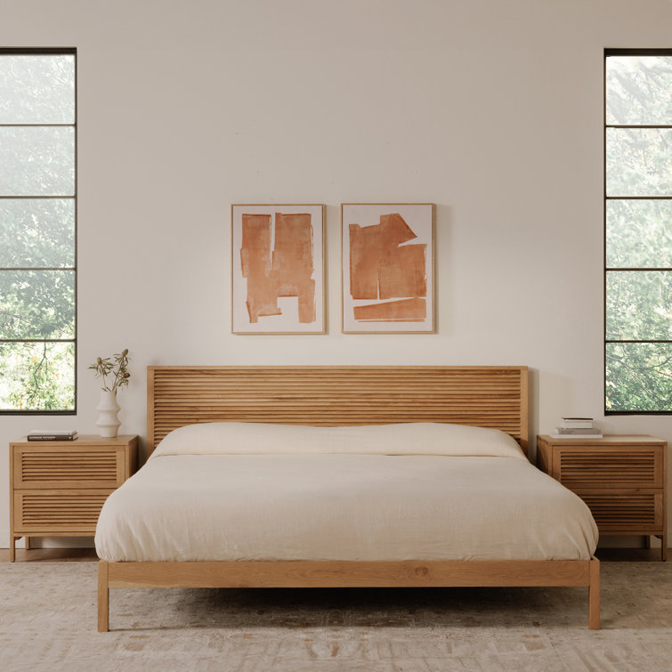 Marika Queen Oak Wood Bed with Slatted Headboard