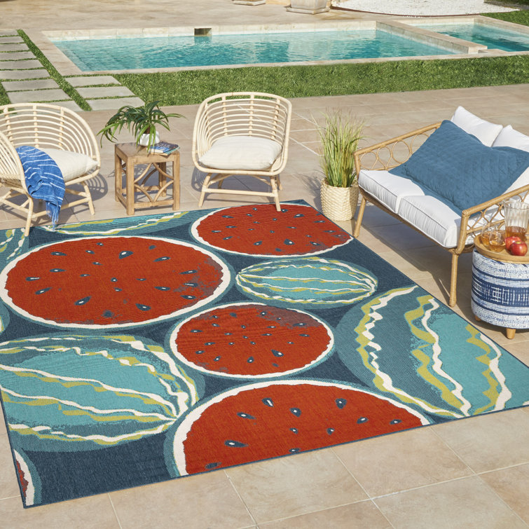Jona Red and Blue Floral Synthetic Indoor/Outdoor Area Rug