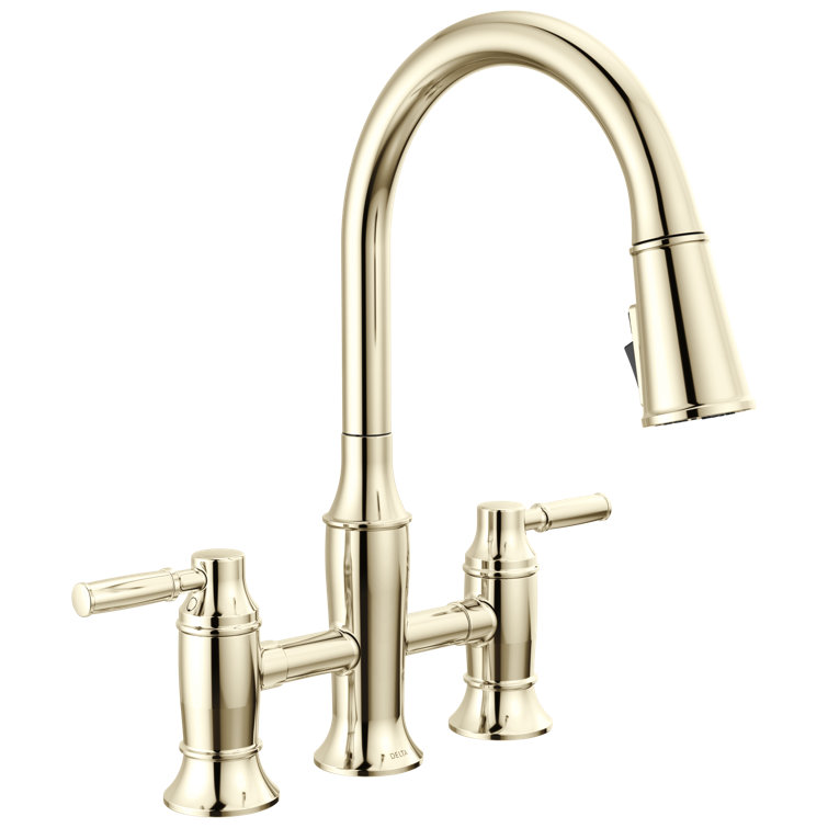 Polished Nickel Double Handle Bridge Kitchen Faucet with Pull-out Spray