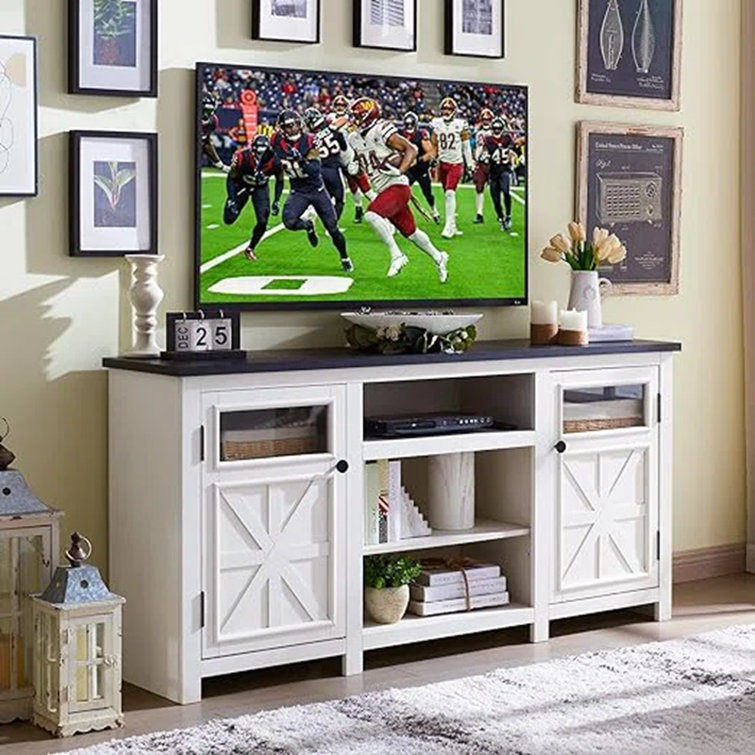 White Farmhouse TV Stand with Cabinets for 75" TVs