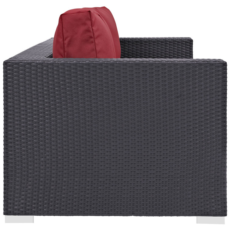 Espresso Wicker Rattan Three-Seat Outdoor Sectional Sofa with Red Cushions