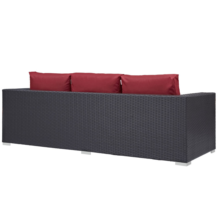 Espresso Wicker Rattan Three-Seat Outdoor Sectional Sofa with Red Cushions
