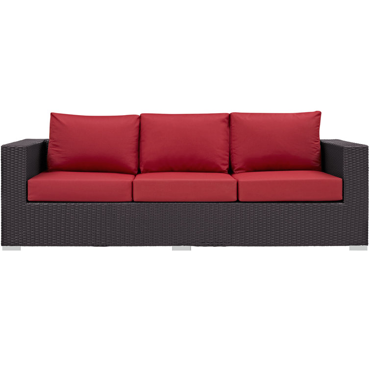 Espresso Wicker Rattan Three-Seat Outdoor Sectional Sofa with Red Cushions