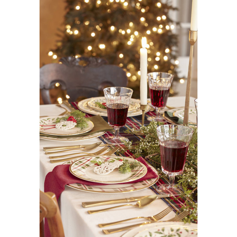 Ivory and Plaid Porcelain 12-Piece Holiday Dinnerware Set